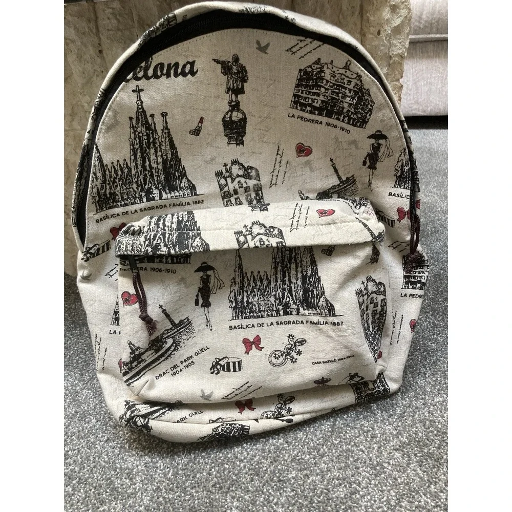 Barcelona Spain Backpack Beige Black Fashion Woman Handbag Tote Book Bag Women’s